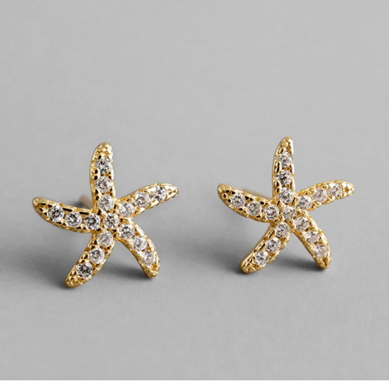 

Cute real 925 Sterling Silver starfish with crystal AAA zircon Stud Earring For Woman Fashion Jewelry Party brincos Dropshiping