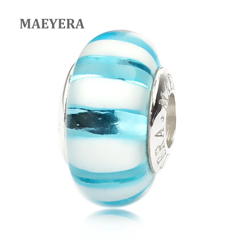 

MAEYERA Authentic 925 Sterling Silver Lampwork Beads Lake Blue Stripe Murano Glass Beads For European Charm Bracelet 920216