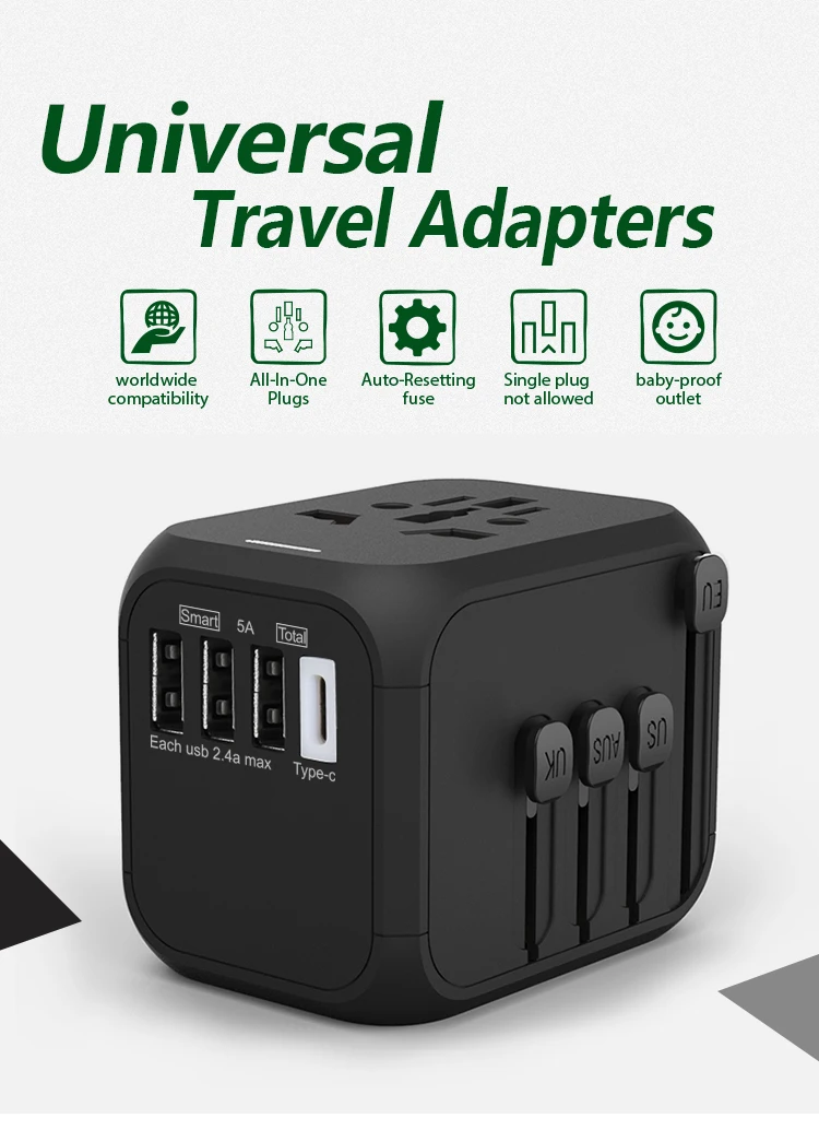 

International Travel Adapte baby safe design 5A 3 USB r Auto Resetting Fuse Typc C Worldwide Wall Charger for UK/EU/AU/US