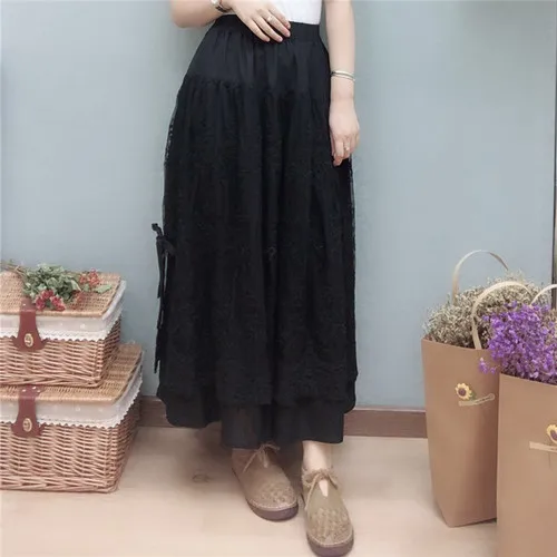 Милая Кружевная Лоскутная юбка в стиле Mori Girl из хлопка и льна с эластичной резинкой на талии, длинная макси Женская уникальная Тюлевая юбка в стиле бохо, женская повседневная юбка - Цвет: black