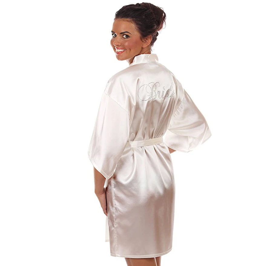 

Satin Faux Silk Wedding Bride Bridesmaid Robes,White Bridal Dressing Gown/ Kimono Bathrobes,"BRIDE"Graphic on Back