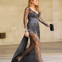 Сексуальная Удивительный русалка Платья Знаменитостей вдохновленный Gossip Girl Серый v-образным вырезом Sheer Длинным Рукавом Кружева Украшенные Вечерние Платья