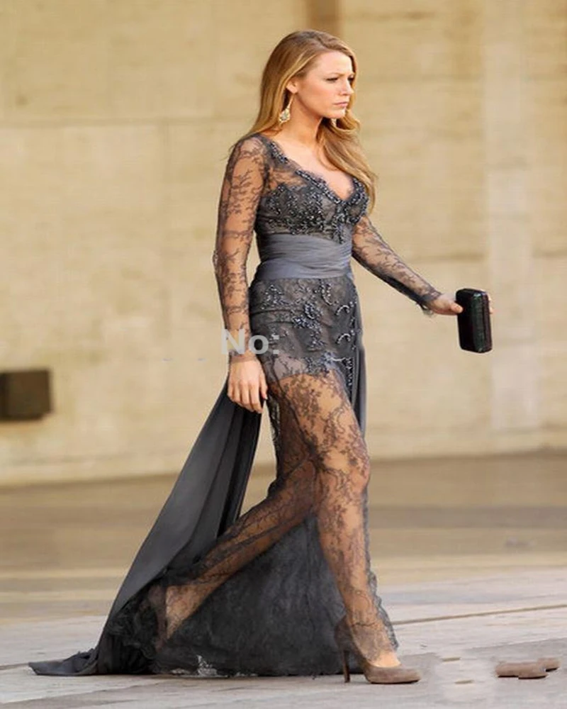 

Sexy Amazing mermaid Celebrity Dresses Inspired by Gossip Girl Grey v-Neck Sheer Long Sleeve Lace Embellished Evening Dresses