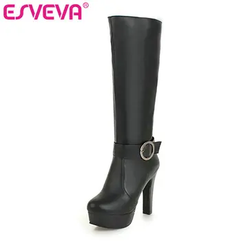 

ESVEVA 2020 Shoes Women Knee-high Boots Square High Heel Western Style Pointed Toe Elegant Boots Shoes Size 34-43 Winter Boots