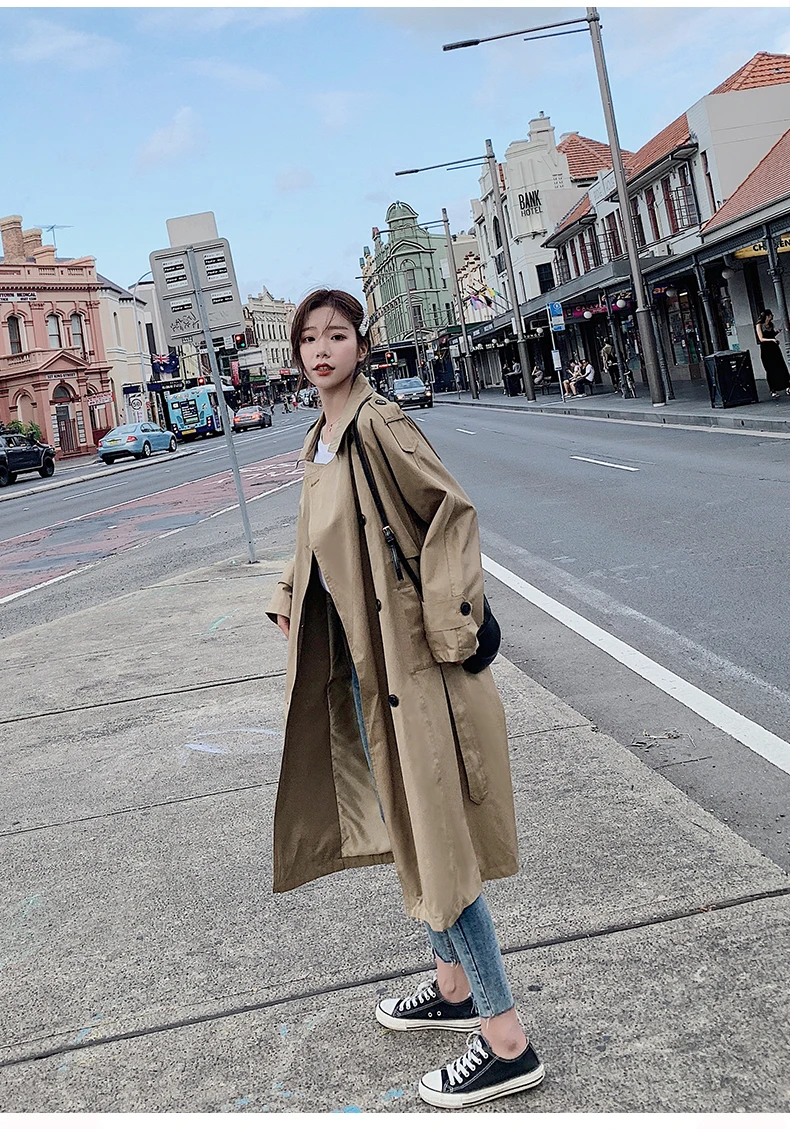 Spring and Autumn Coat Fashion Casual Loose Woman Long Windbreaker Full Sleeve Turn-down Breasted