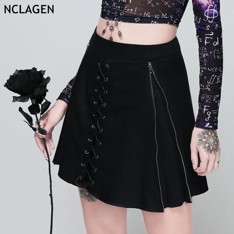 

NCLAGEN 2019 Girls Gothic Dark Style Eyelet Bandage Zipper Split A Line Vintage Skirt Women Elegant High Waist Punk Mini Skirts