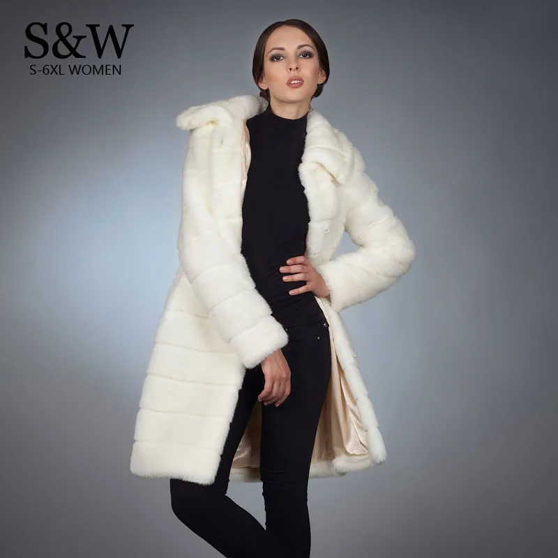 S-5XL размера плюс женское белое длинное меховое пальто из искусственного меха норки пальто и куртки модное зимнее пальто в полоску из кроличьего меха с поясом