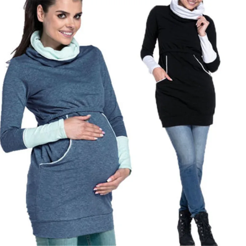 Для женщин зимние для беременных Беременность одежда для кормления с длинными рукавами и карманами Топы и толстовка