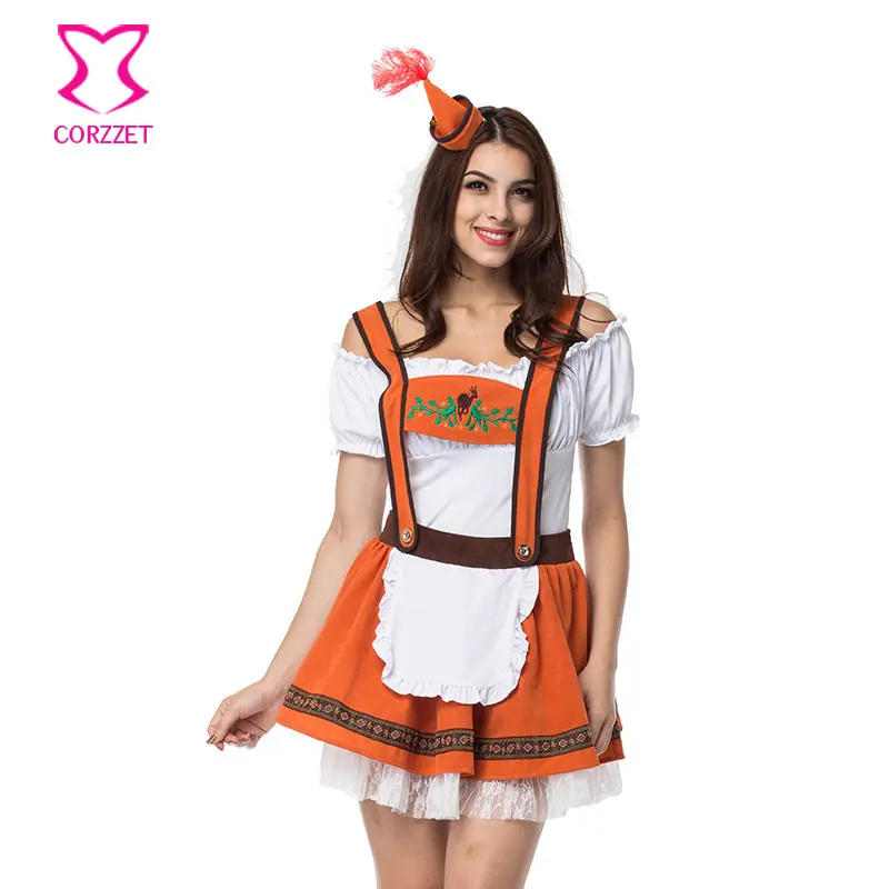 Discount!! Sexy White Top with Orange Suspenders Skirt Beer Girl Costume Cosplay Oktoberfest