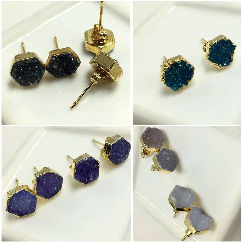 

8mm Onyx Female Piercing Stud Earrings Cute irregular polygon Stone Titanium Crystal Quartz Geode Druzy Earring Women Gift