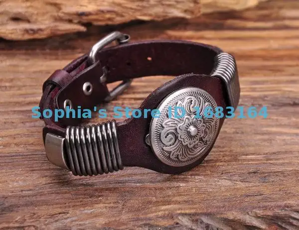 

S542 Brown Biker Vintage Floral Studded Men's Leather Bracelet Wristband Cuff