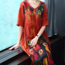 Женское платье размера плюс, летнее, с рисунком, льняное, цветное, женское, свободное, повседневное, Ретро стиль, винтажное, большие размеры, платья