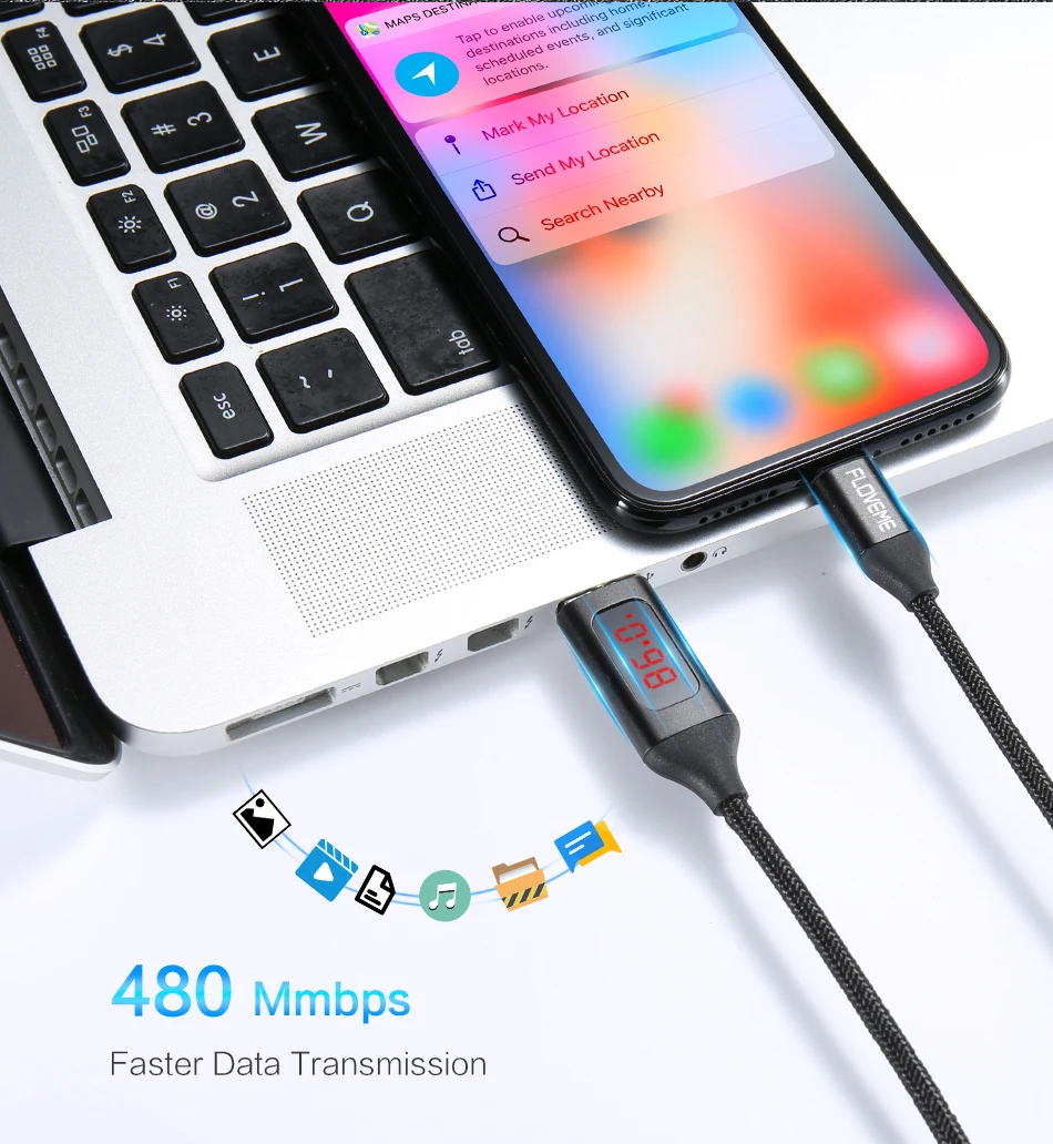 FLOVEME светодиодный цифровой USB кабель для iPhone X 7 8 плюс 6 Зарядное устройство 2.1A(макс.) напряжение ток Дисплей зарядки данных нейлон плетеный кабель for iphone lighting usb cable кабель