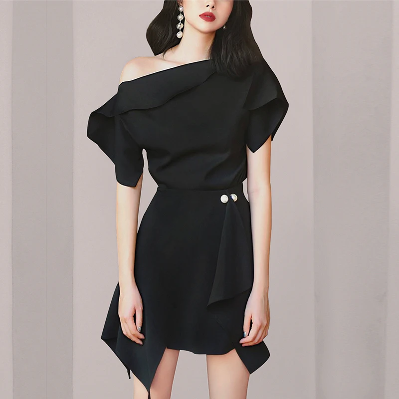 

High Quality Party Two Piece Set Summer Women Clothes Sets Slash Neck Black Blouse Tops And Irregular Beading Skirt Set SL325