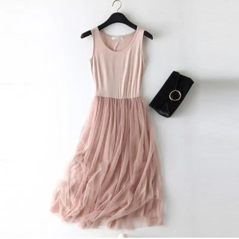 Sleeveless Mesh patchwork basic spaghetti strap Dress For Women 2020 Spring Tulle Elastic Lace Vest Summer Dress Female Sleeveless Mesh patchwork basic spaghetti strap Dress For Women 2020 Spring Tulle Elastic Lace Vest Summer Dress Female