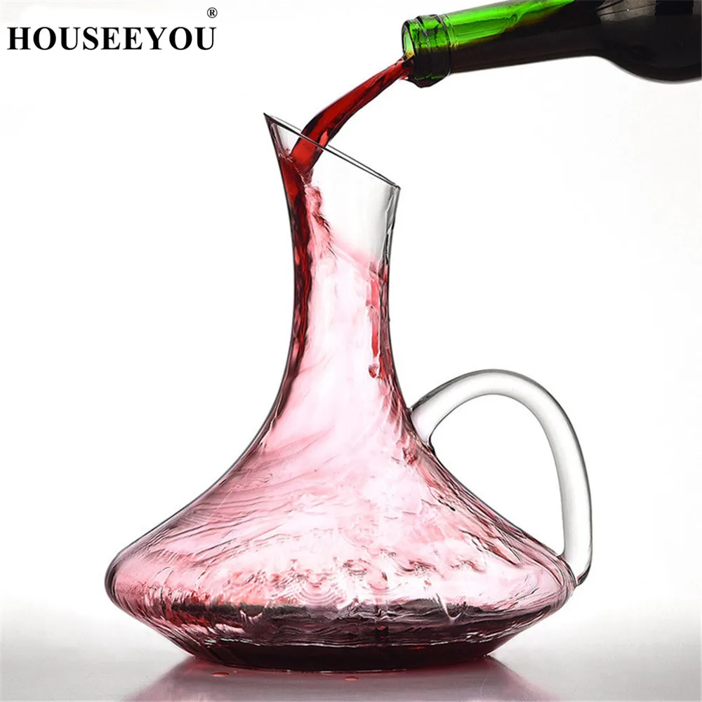 HOUSEEYOU 1300ML Flat Base with Handle Red Wine Decanter Handmade Transparent Crystal Glass Wine Bottle Whiskey Drink Bar Set