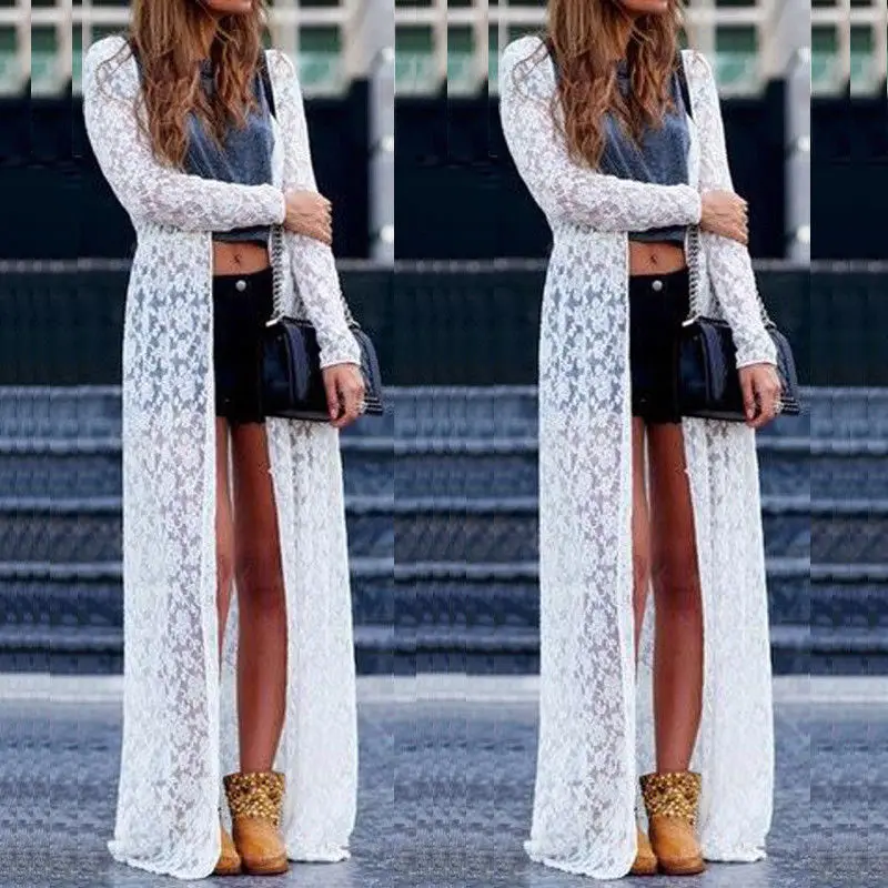 

Hot 2019 Women Sheer Lace Bikini Long Cover-up Long Sleeve Floral Sheer Loose Summer Sexy Cardigan Ladies Swimwear Beach