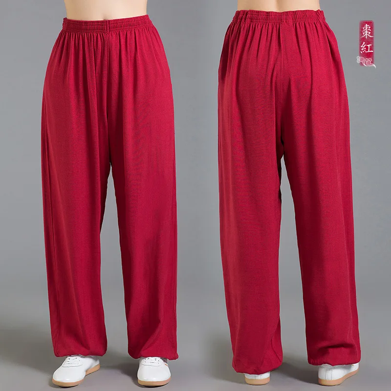 Летние льняные брюки Тай Чи, брюки для занятий кунг-фу Лен Кунг Фу боевого искусства брюки у Шу лосины для йоги 9 цветов s-xxxl - Цвет: bordeaux