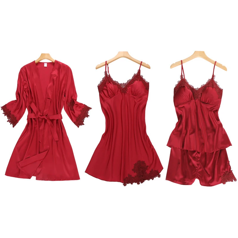 

Sexy satins Silk 4-piece pajamas sets women Korea texture women robes Spaghetti straps pijamas de parejas short sleep indoor