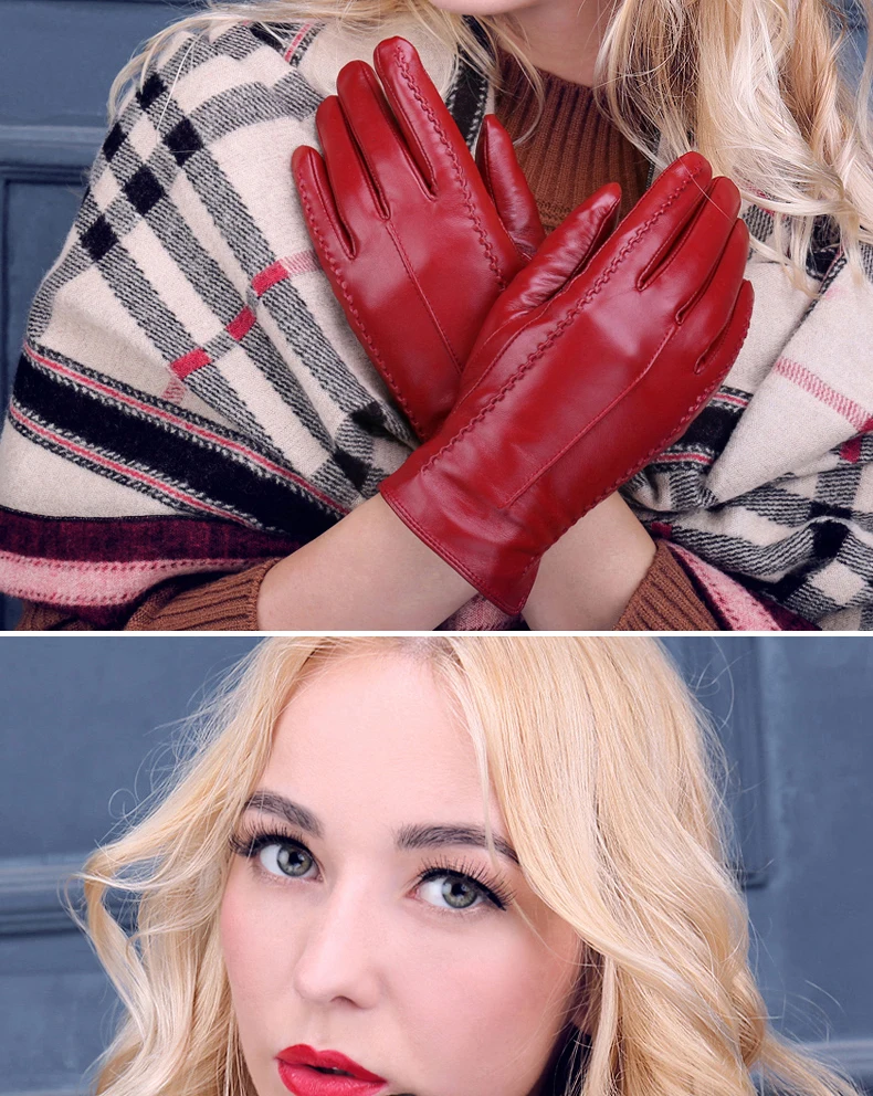 Женские перчатки из натуральной кожи, теплые женские перчатки из натуральной овчины с теплой подкладкой, женские зимние перчатки из кожи ST2029