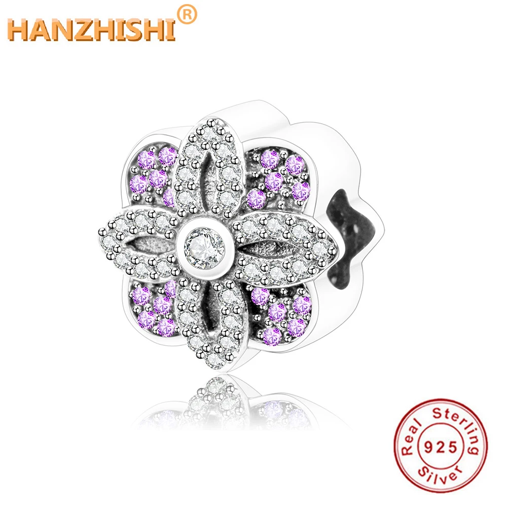

Pave Purple Clear CZ Beads Flower Charm Fits Original Pandora Charms Bracelet Jewelry Making 925 Sterling Silver berloques 2017