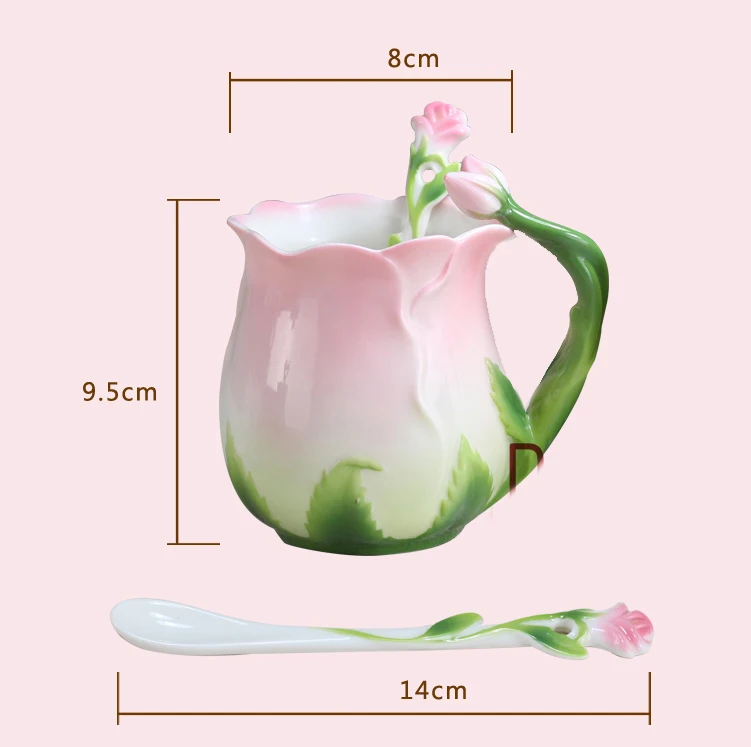 3D Розовая эмалированная кофейная кружка, чайная чашка с молоком, набор с ложкой, креативный керамический Европейский костяной фарфор, посуда для напитков для друга, подарок