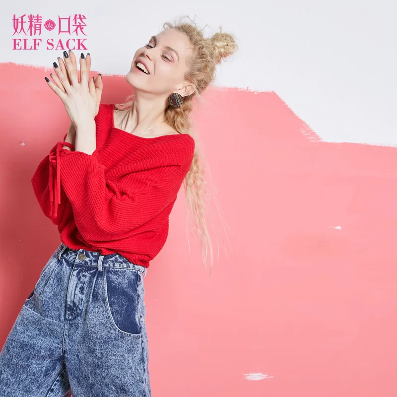 

ELF SACK Ladies Spring Women Elegant OL Sweater Female Drop Shoulder Loose Pullovers Solid Striped Lace-Up Sleeve Basic Sweaters