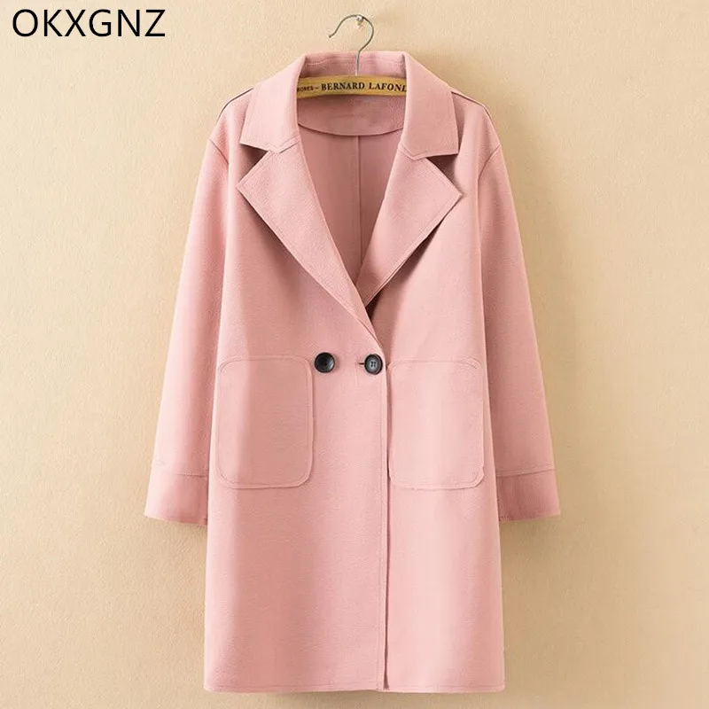 Женский Длинный свободный тренчкот розовая черная синяя ветровка с большими
