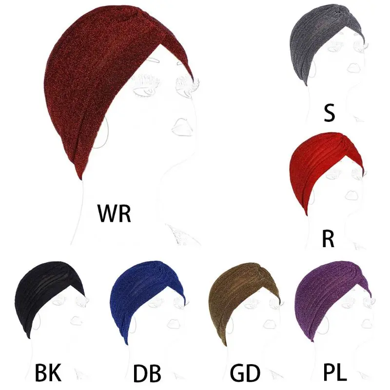 

Womens Glitter Shimmer Indian Turban Hat Muslim Hijab Pleated Stripes Twist Knotted Front Solid Color Elastic Headwrap Chemo Cap