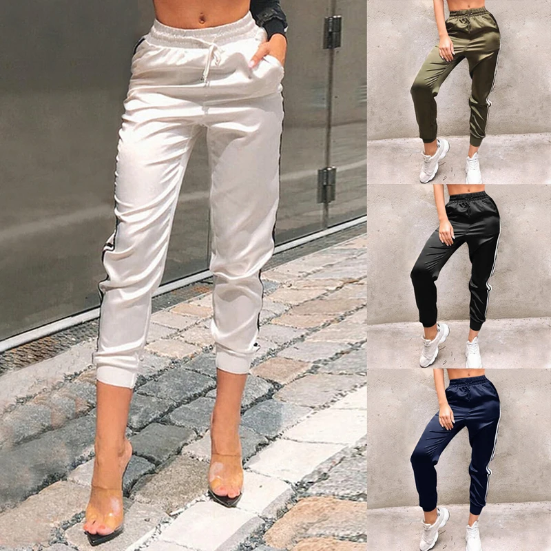 Women Side Striped Pants Elastic Waist Fashion Sporting Joggers Trousers Women Slim Solid Pencil Pants Gym Sportwear