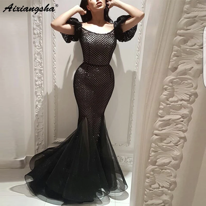 

Black Mermaid Turkish Evening Dresses 2019 Short Sleeves Off the Shoulder Dubai Saudi Arabic Long Evening Gown Prom Formal Dress