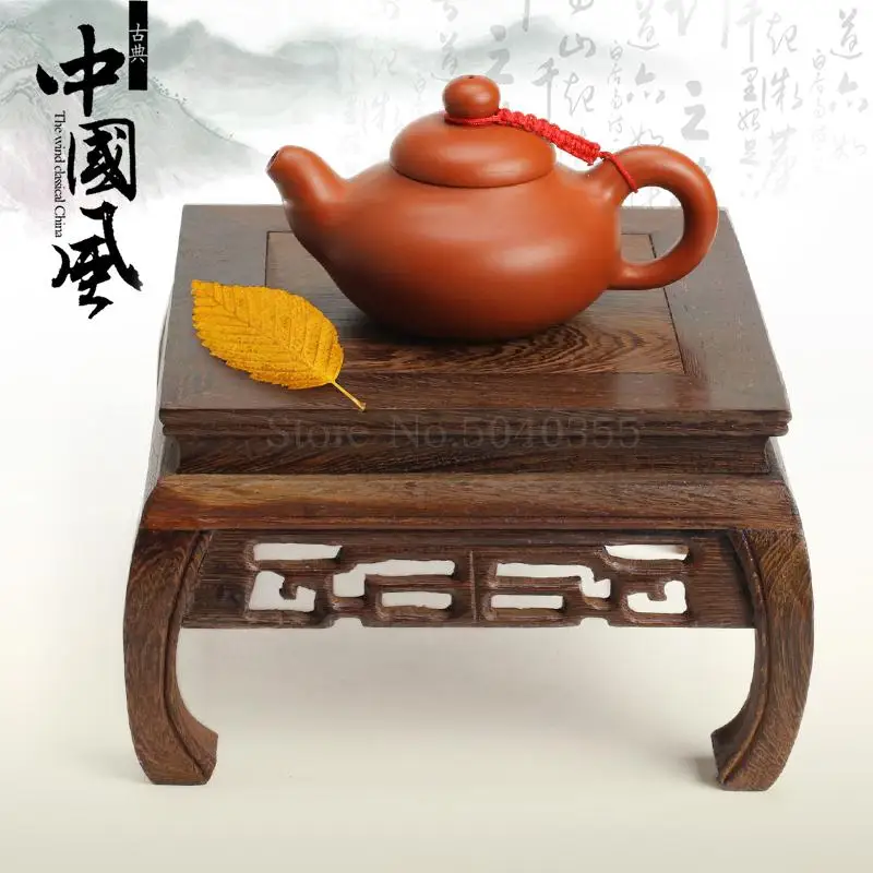 

Red wood carved long square vase decoration base Chicken wing wooden flower pot solid wood bracket Buddha statue stone