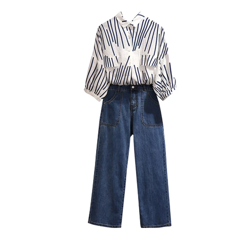 

5xl 4xl 2019 Spring Summer Two Piece Set Women's Striped OL Shirt Blouse+Denim Jeans Pant Women Elegant slim suit work office