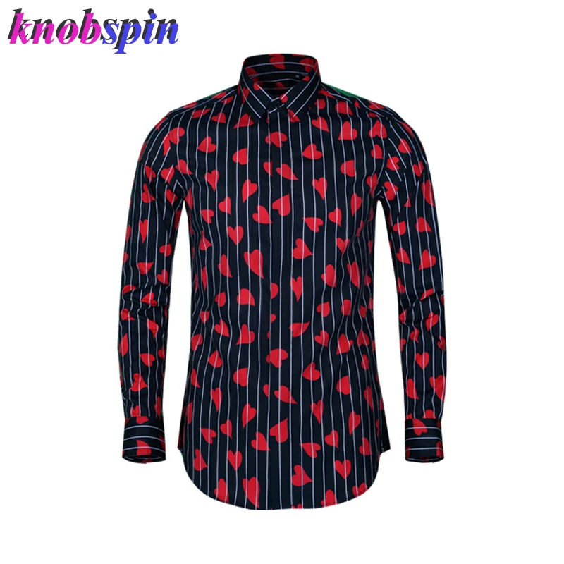Высокое качество, чистый хлопок, мужская рубашка,, модная, с принтом в виде красного сердца, Camisas masculina, с длинным рукавом, тонкая, повседневная, мужская рубашка 4XL