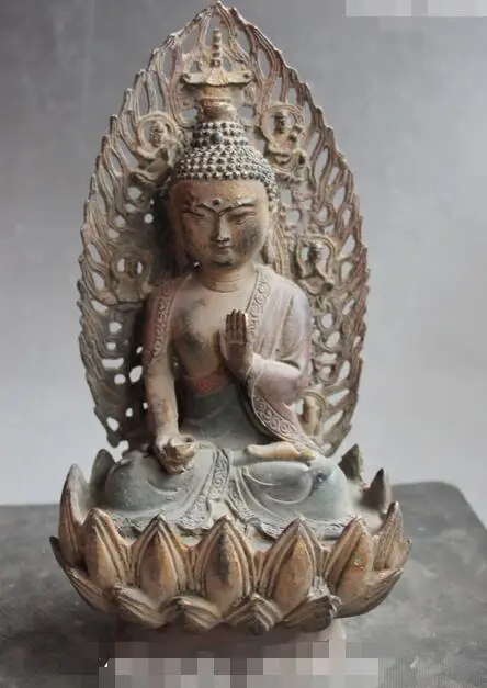 

9" Old Tibet Buddhism Bronze Painting Seat Shakyamuni Sakyamuni Buddha Statue