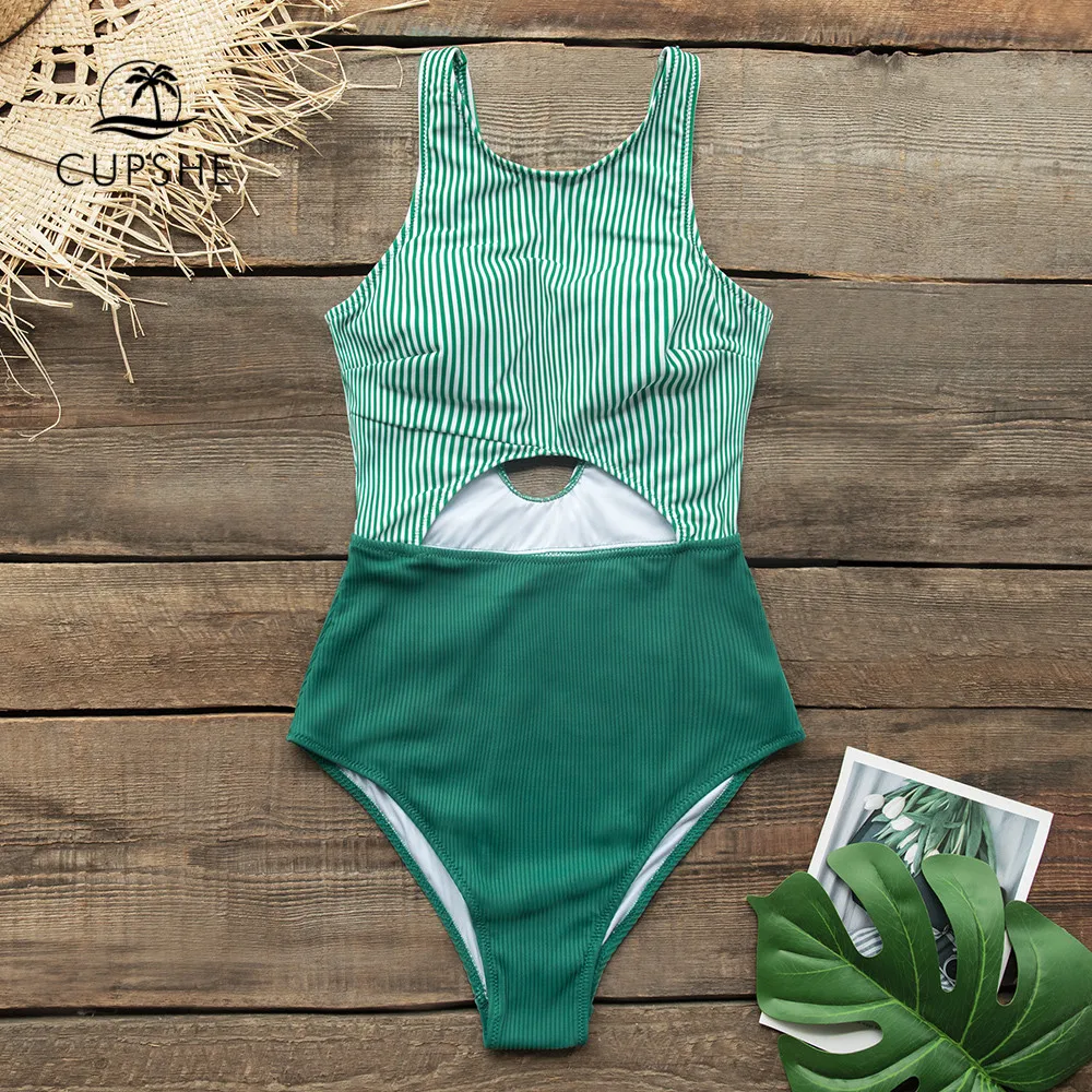 Billige CUPSHE Grün Streifen Print Cut Out One Stück Badeanzug Sexy Frauen Bademode Monokini 2020 Mädchen Strand Badeanzug Bademode