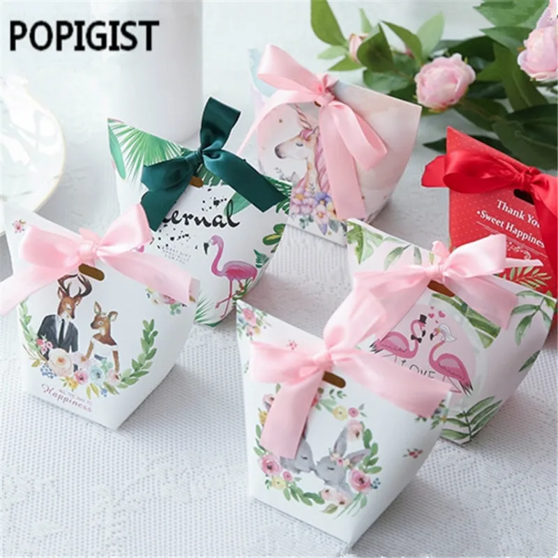 Creative European Cartoon Unicorn/ Flamingos Candy Boxes Wedding Favors Bomboniera Party Gift Box paper package Candy Bag 30