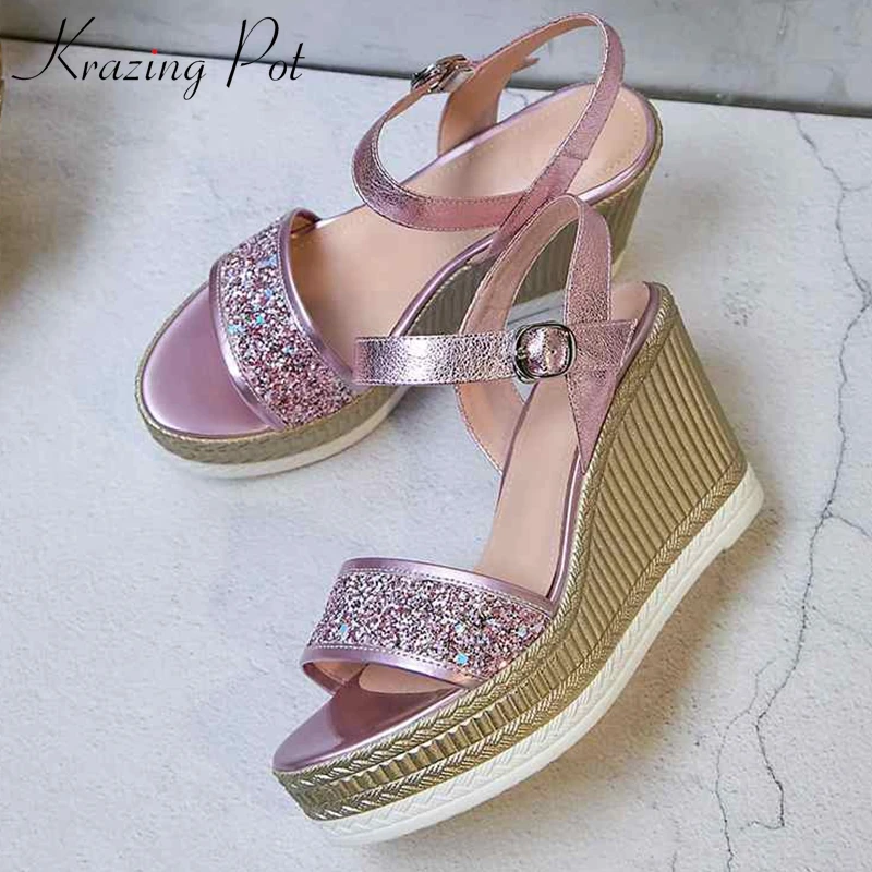 

Krazing Pot sheep leather ankle straps streetwear platform wedges full of diamonds open toe super high heels bling sandals l6f5