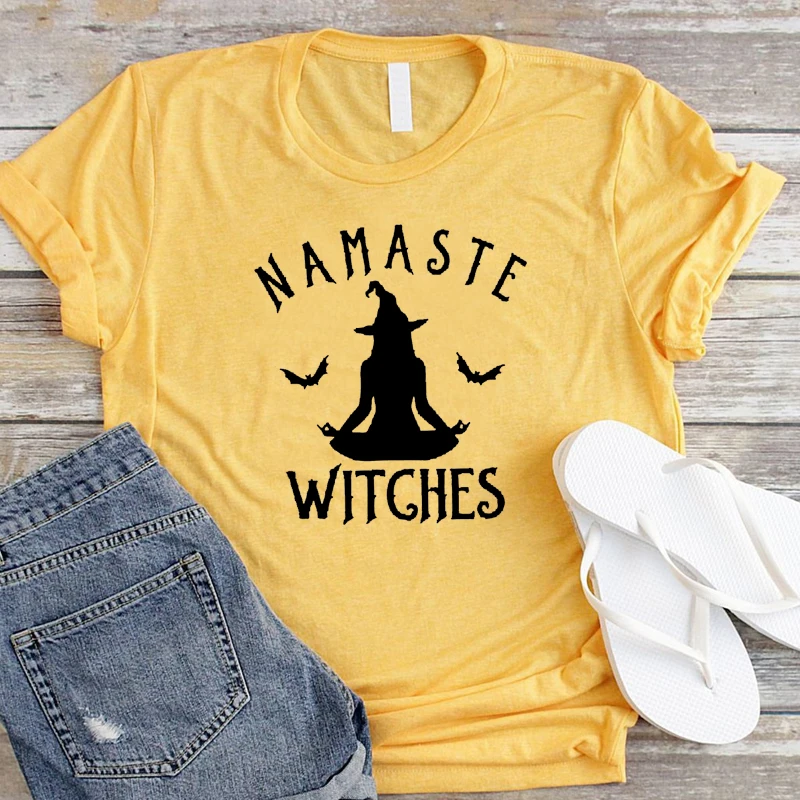 Namaste ведьмы футболка Хэллоуин Забавный подарок футболка женская мода медитировать жуткая летучая мышь футболки фестиваль хлопковые топы Прямая поставка