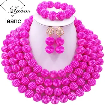 

Laanc Nigerian Wedding African Beads Jewelry Set Fuchsia Pink Simulated Pearl Beaded Necklace 4RDSZ015