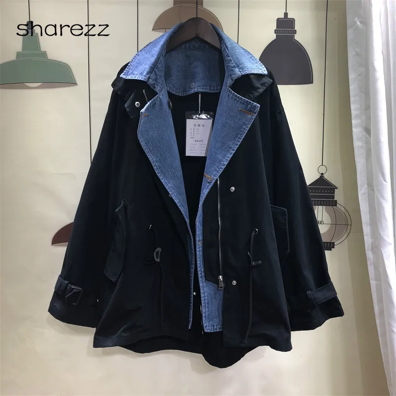 

New Korean 2019 Spring and Autumn Long Coats Harajuku Turn-down Full Sleeves Denim Spliced A-line Jacket Female Korean Coat
