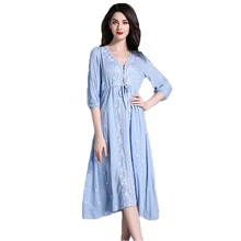 2017 New Summer Long Dresses Bohemian Embroidery Women National Style Beach Vacation Regular A-line Oversize Vintage V-neck Cute