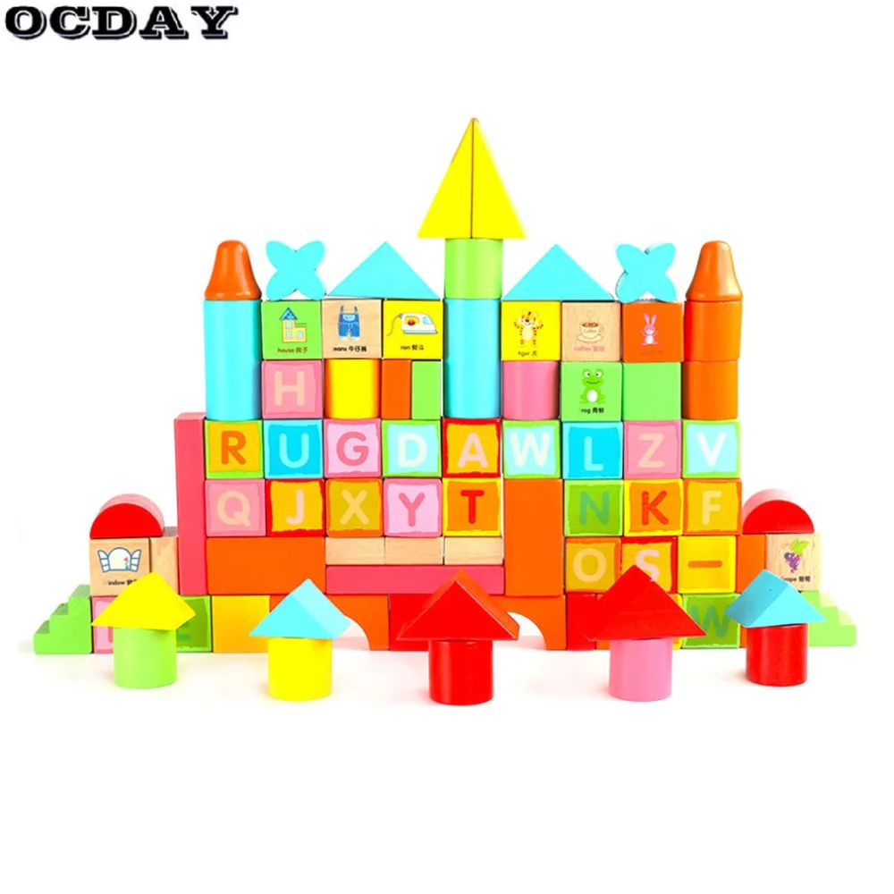 

OCDAY 100pcs/Set Wooden Building Blocks Toys Multicolor Letters Digital Geometric Sorting Early Educational Toys For Children