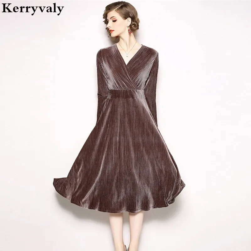 OL de manga larga terciopelo Invierno vestidos mujeres 2018 Ucrania marrón Midi Oficina purpurina vestido de fiesta Ropa Mujer Invierno K9625