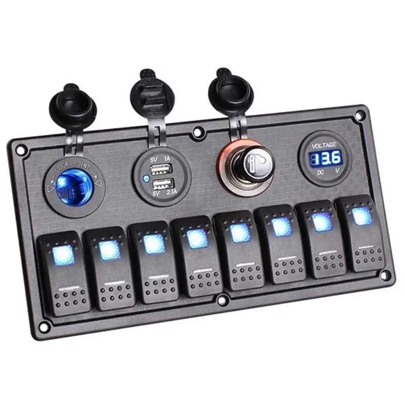

DC 12-24V Car Marine Boat 8 Gang Waterproof LED Rocker Switch Panel Circuit Breaker Dual USB Charger Voltmeter Auto Accessories