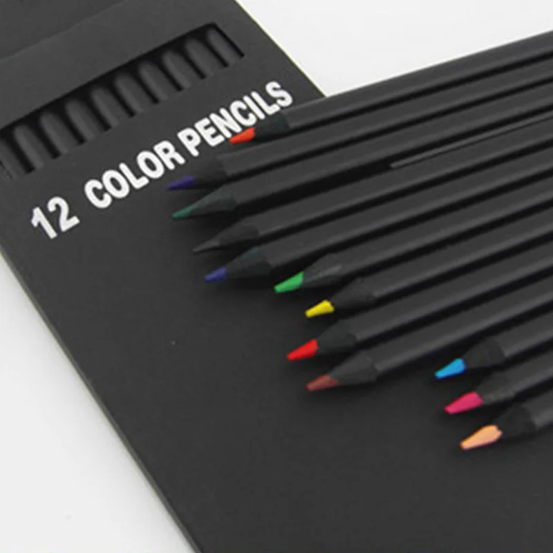 

12 Pcs/Set High Quality Pencil Packaging 12 Different Colours Colored Pencils Kawaii School Black Wooden Pencils