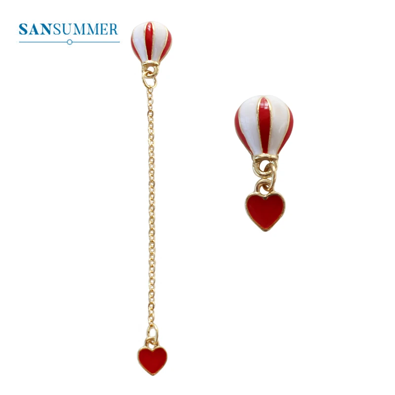 

SANSUMMER Earrings For Women Red Heart Pendant Balloon Personality Fashion Earring 925 Needle Asymmetric Earrings 588