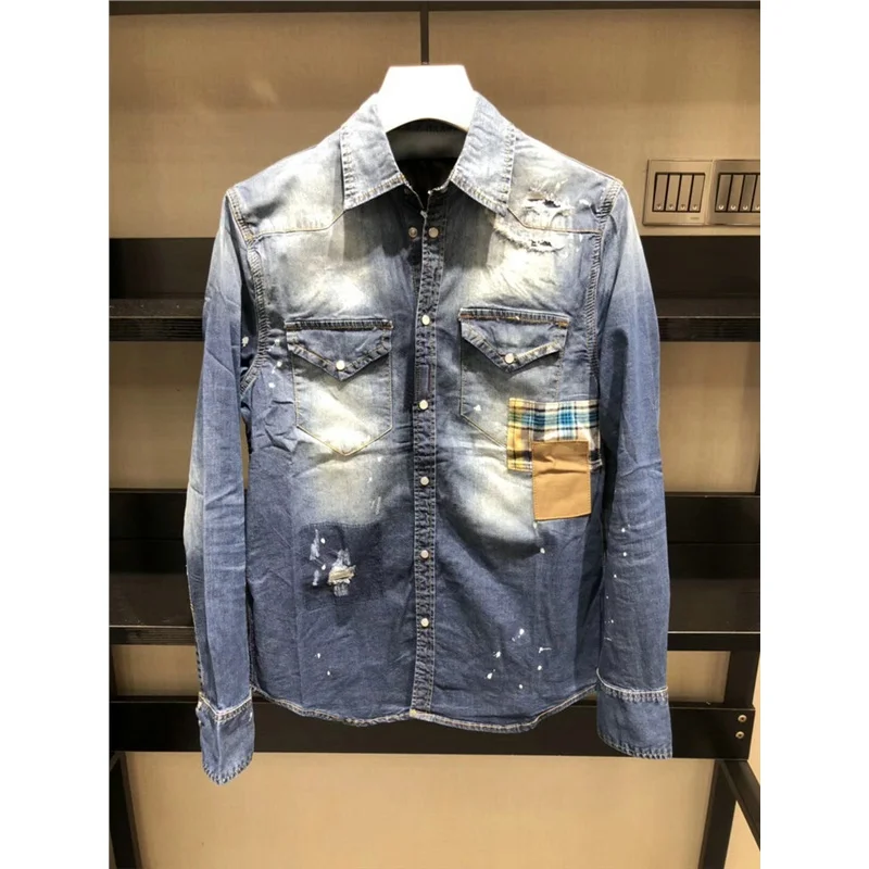 

2019 trendy Men Washed Demin Shirts Long Sleeves Slim Fit Jean Shirts For Men Cowboy Tees Tops Classic Casual Hombre Outerwear