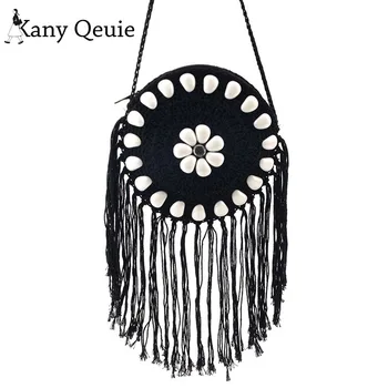 

Woven rattan bag round straw shoulder bag small beach flower handbag ladies summer hollow handmade tassel Messenger bag