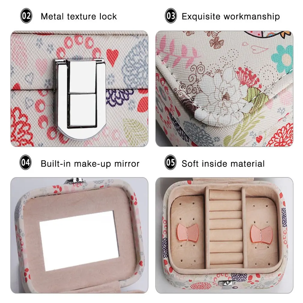 GENBOLI Owl Pattern Travel Jewelry Box Portable Leather Carrying Case Jewelry Organizer Storage Display Packaging Casket